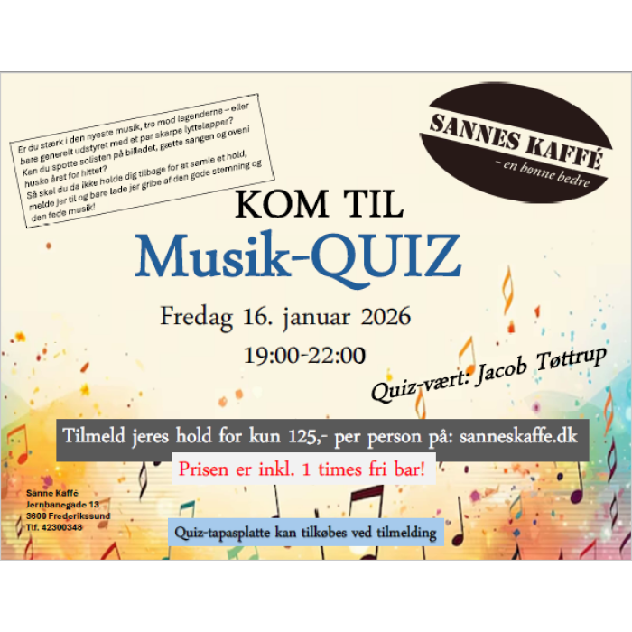 Musikquiz  17.april  med vært Jacob Tøttrup