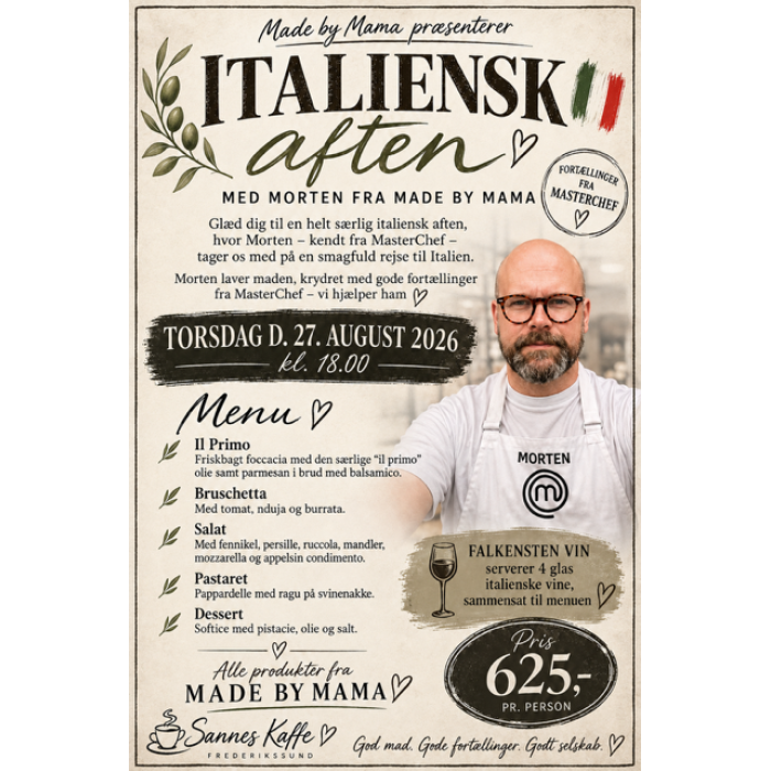 Italiensk Aften Torsdag d.27.aug.2026 kl.18.00